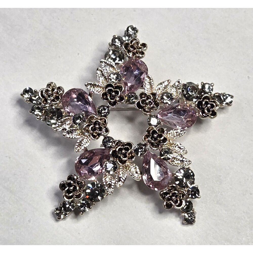 Star Brooch Floral and Rhinestone Accents